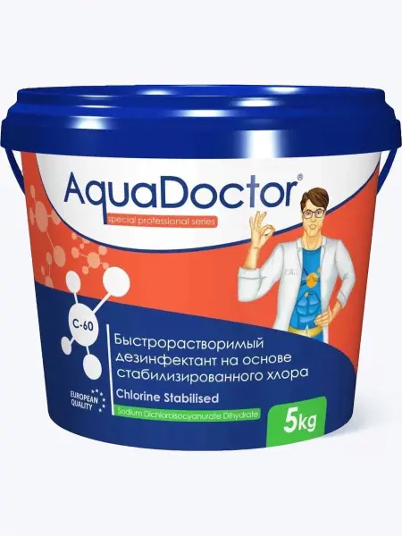 Дезинфектант для бассейна на основе хлора быстрого действия AquaDoctor C-60, гранулы, 5 кг.