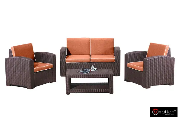 Темно коричневая пластиковая мебель под ротанг B:Rattan Premium на 4 персон - столик, диван и 2 кресла с оранжевым подушками
