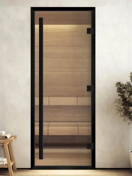 Дверь для турецкой парной DoorWood Prestige 800мм х 2000мм, черный профиль, стекло прозрачное