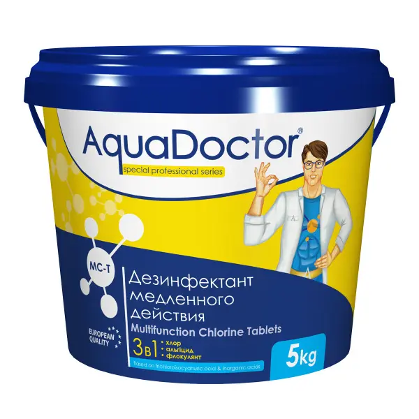 Дезинфектант для бассейна на основе хлора длительного действия AquaDoctor 3 в 1 MC-T,таблетки, 5 кг.