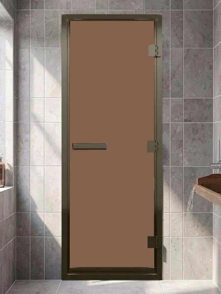 Дверь DoorWood бронза для хамама, 700 х 1900 мм, бронзовый профиль, с коробкой