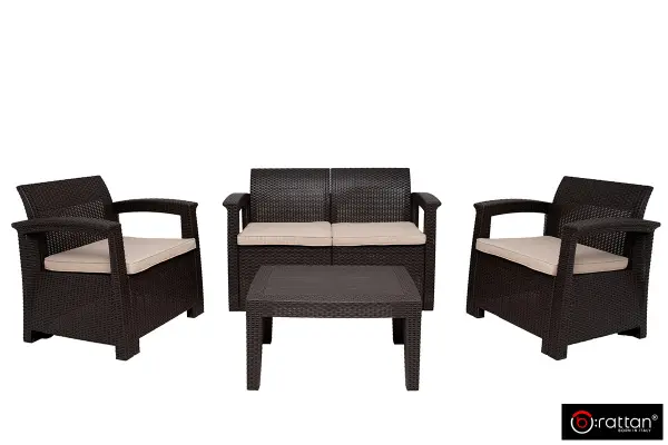 Коричневый комплект пластиковой мебели для терасы B:Rattan Comfort 4 на 4 персоны - столик, кресла и диван